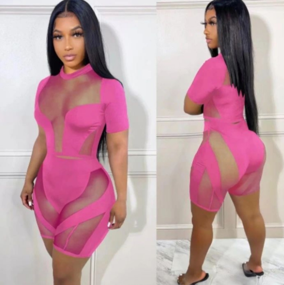 Pink Mesh 2 Piece Short Set